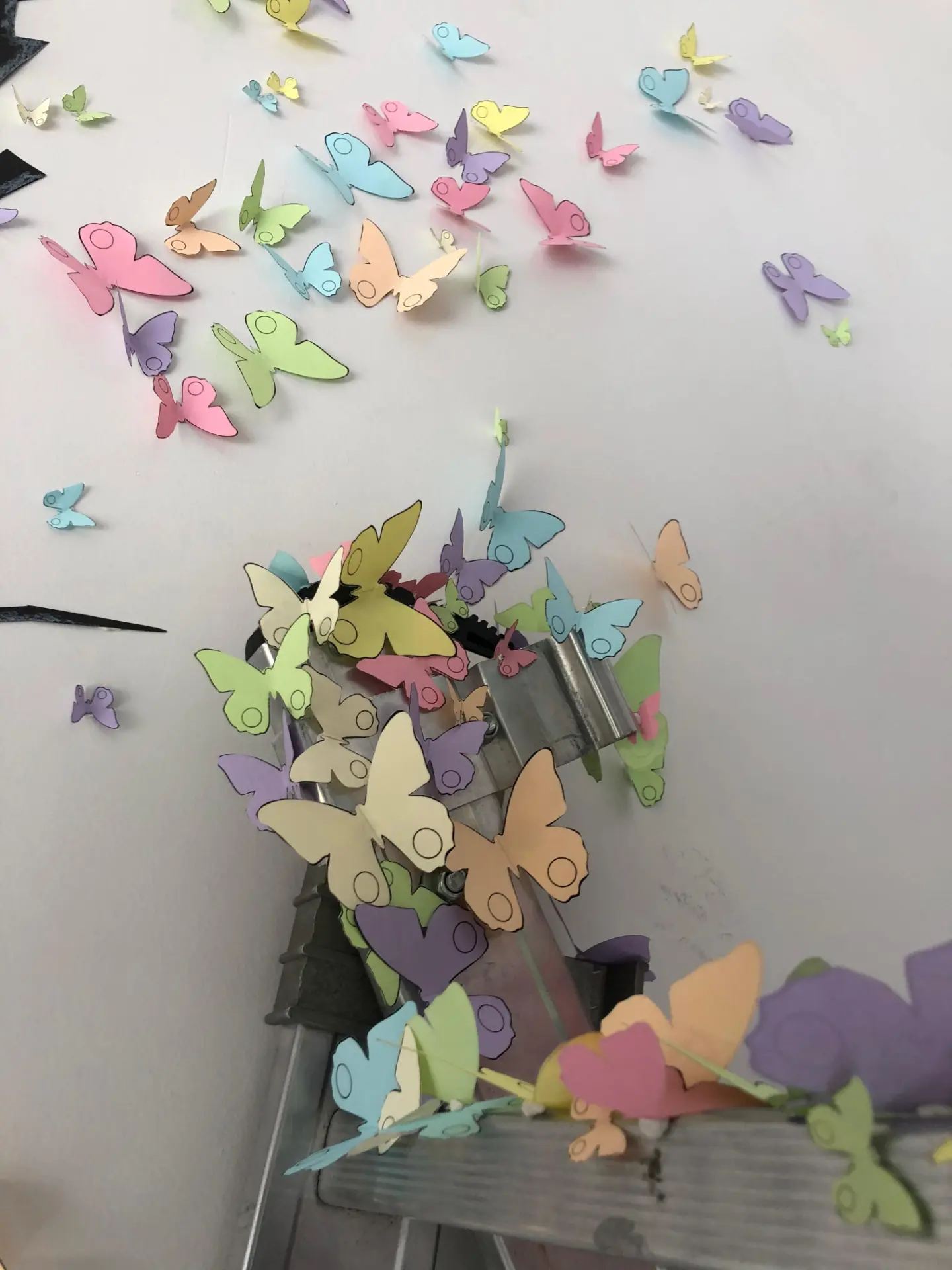 Small pastel paper butterflies climbing a white wall