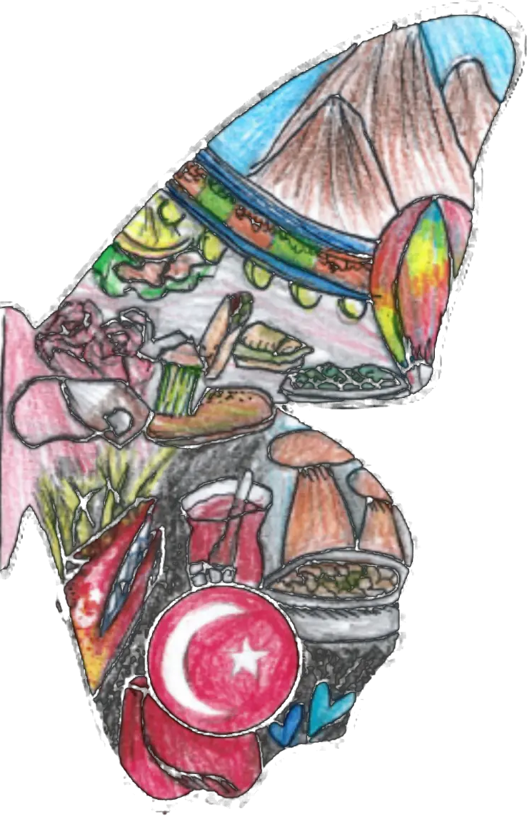 The first butterfly — right wing, drawn in Kayseri: mountains, food, a crescent and a moon