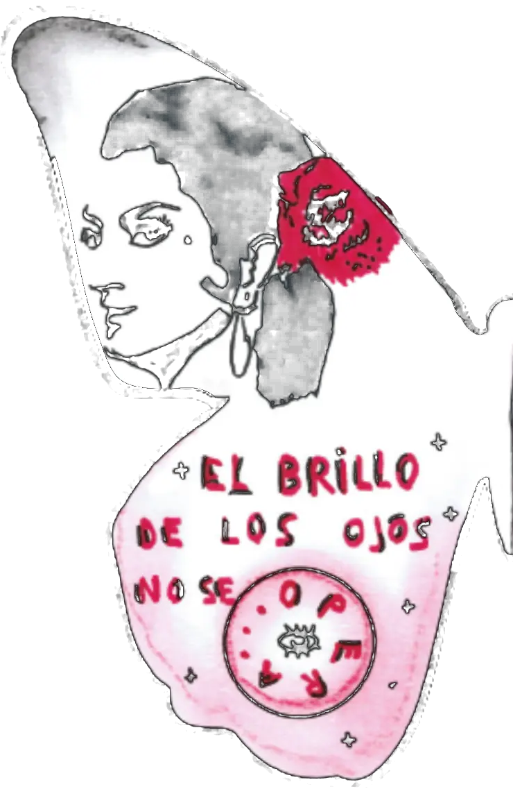 The first butterfly — left wing, drawn in Zaragoza: a face, a red flower and handwriting